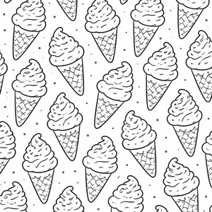 May include: A monochrome pattern featuring numerous ice cream cones. Each cone is depicted with a swirled topping and a textured waffle cone. The background is plain white with small dots.