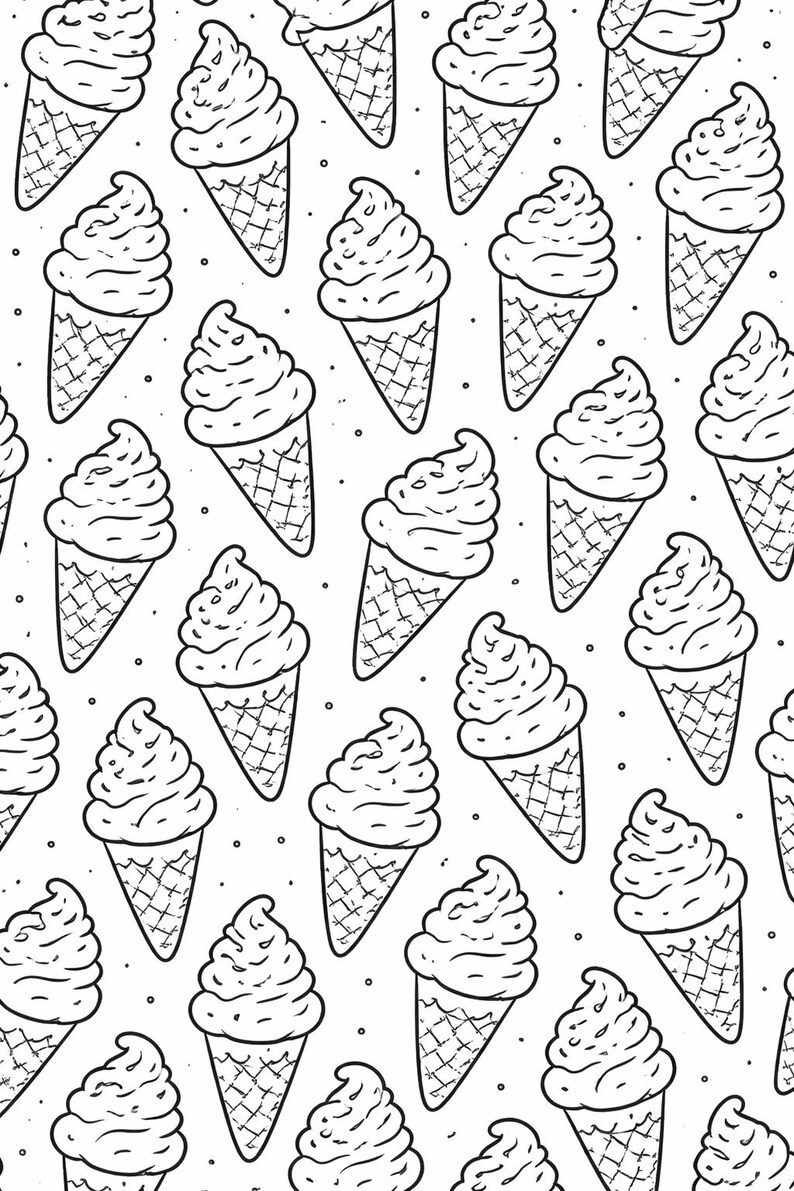 May include: A monochrome pattern featuring numerous ice cream cones. Each cone is depicted with a swirled topping and a textured waffle cone. The background is plain white with small dots.