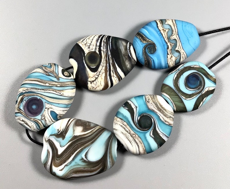 6 Tumbled Abstract ~ Handmade Lampwork Glass Bead Matte Finish Freeform Tabular Focal Lot SRA