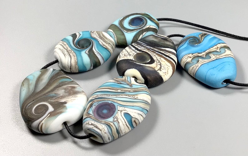 6 Tumbled Abstract ~ Handmade Lampwork Glass Bead Matte Finish Freeform Tabular Focal Lot SRA