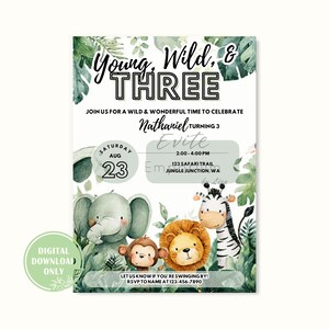Young Wild and Three! Birthday Invitation - Digital Download