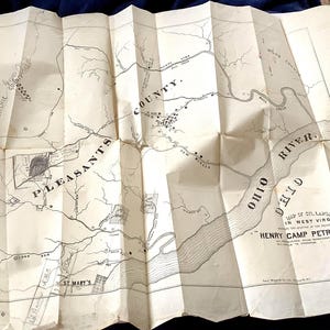 Mappa d'epoca Guerra civile Henry Camp Petroleum Co. Terreni petroliferi in Virginia Occidentale 1800 Carta antica del fiume Ohio