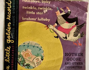 Disco in vinile dorato vintage "Mother Goose" di Brahms, ninna nanna per bambini, anni '50, con copertina originale.