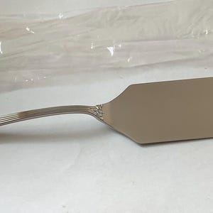 May include: A silver cake server with an ornate handle and a wide, flat blade. The server is packaged in a clear plastic bag.
