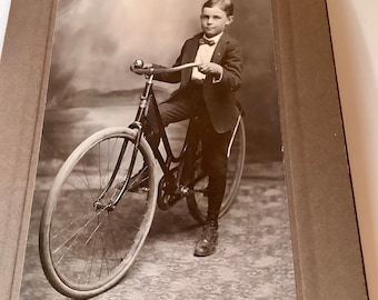 Vintage cabinet card photo Id’d young man on fine antique bicycle