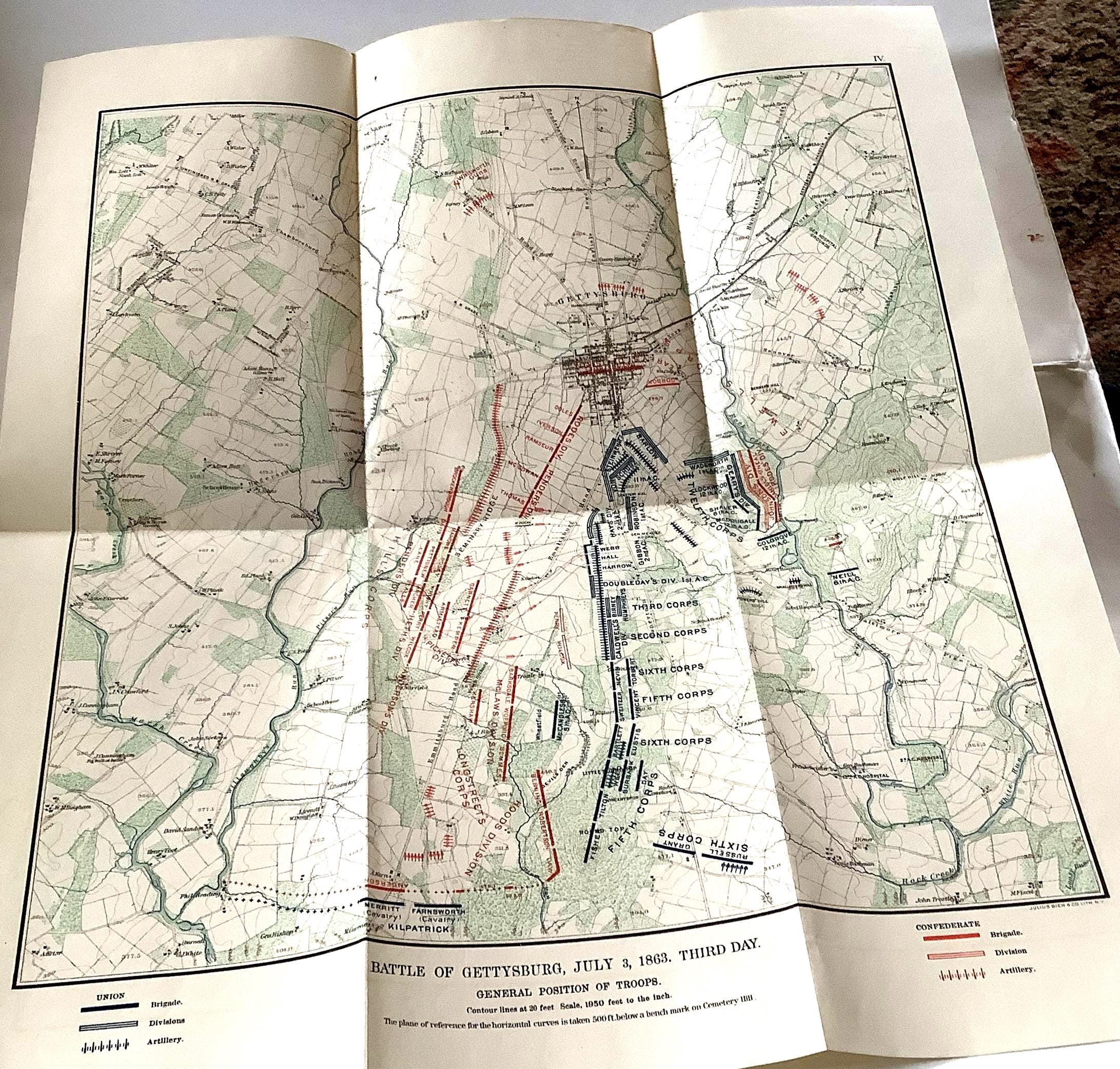 Vintage map Civil War battle of Gettysburg 1863 troop position antique paper