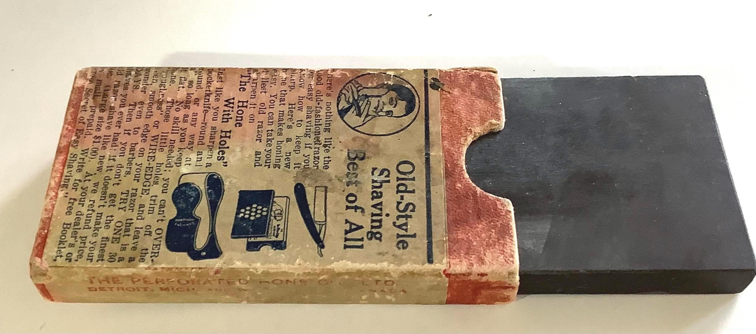 Vintage Metal Shaving Razor Hone in Original Paper Box, Dated 1910