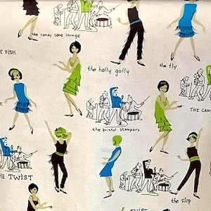 May include: White fabric with a repeating pattern of flapper girls dancing and musicians. The illustrations are in black, green, blue, and black. Text includes phrases like "The Twist" and "The Candy Cane Lounge".