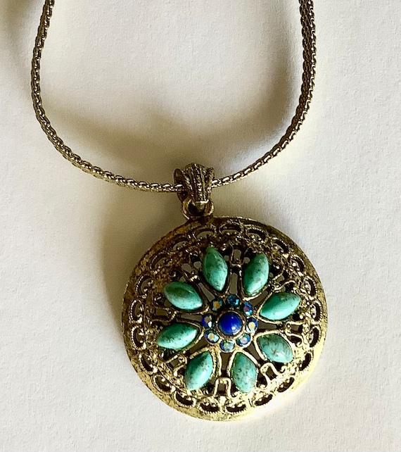Vintage 1928 medallion turquoise stones round pen… - image 1