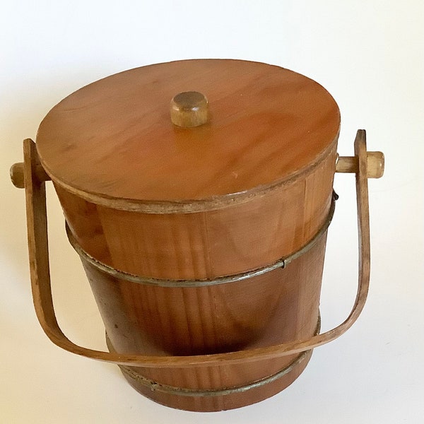 Vintage primitive folk art wooden pail bucket with lid handle