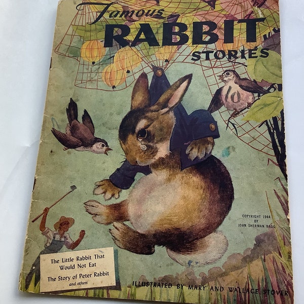 Papel de libro antiguo Historias famosas de conejos con fecha de 1944 Peter Rabbit, etc.