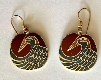 Vintage signed Laurel Burch exotic heron egret bird earrings estate jewelry