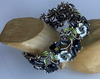 Magnifique bracelet bijoux en perles noires à facettes vintage, strass, fleurs