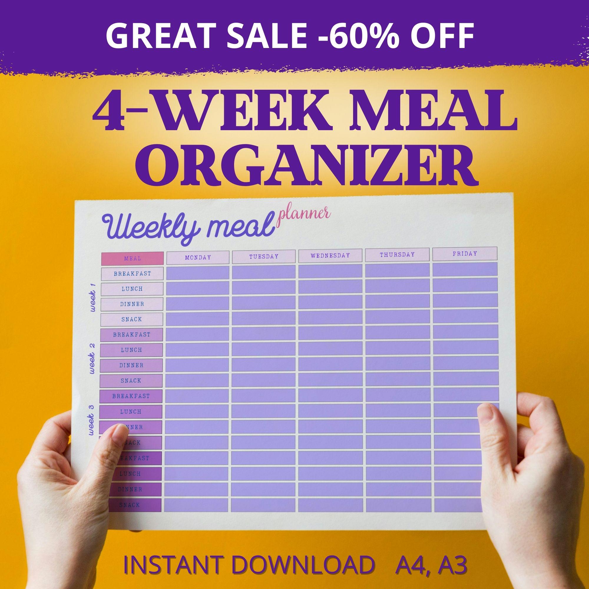 Meal Planner PDF Printable | Monthly Meal Prep Organizer Weekly Chart | Recipe Tracker Family Menu Digital Download