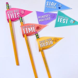 以下が含まれることがあります： ピンク、オレンジ、紫、青、黄色のペナントが付いた黄色の鉛筆。ペナントには、「You Got This」、「One Step at a Time」、「Trust Your Brain」などのモチベーションを高めるフレーズが書かれています。鉛筆には「DIXON TICONDEROGA」と書かれています。