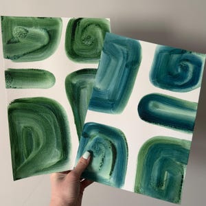 NUOVO ORIGINALE Set 2 dipinti astratti verdi in formato A4 su carta, dipinti acrilici con pennellate e punti, decorazioni murali moderne e minimaliste per la casa