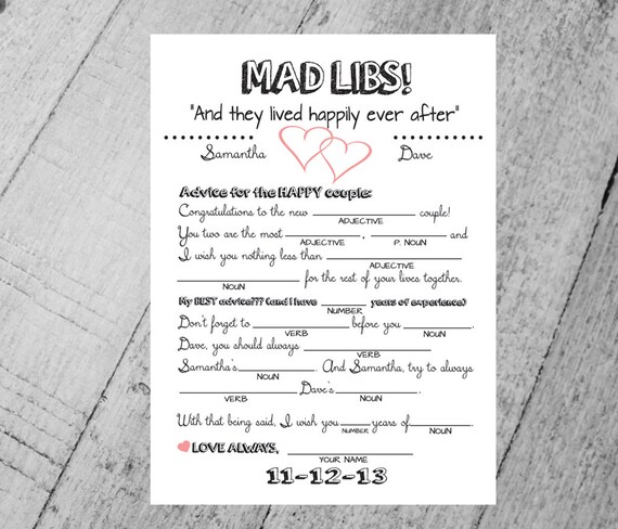 Custom Wedding Mad Libs Diy Printable Cards With Hearts Style Etsy