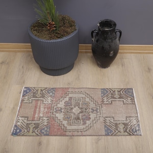Handmade Turkish Oushak Wool Door Mat: Vintage Mini Rug (1x3 ft)