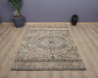 Vintage Turkish Oushak Rug, 5x7 Area Rug, Muted Cotton Wool Blend