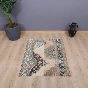 3x4 Vintage Turkish Oushak Rug: Small Wool Cotton Area Rug