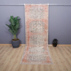 Vintage Oushak Wool Runner Rug: 4x11 Turkish Hallway Rug