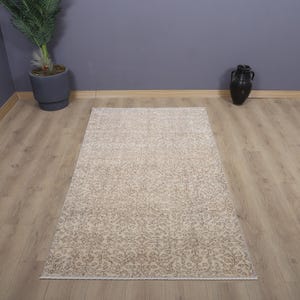Puede incluir: Una alfombra rectangular beige con un intrincado diseño floral. La alfombra está centrada en un suelo de madera clara, con una pared gris oscuro en el fondo. También se ven una planta en maceta y un jarrón negro.