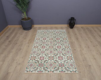 Tapis vintage Turquie délavée, tapis anatolien en coton et laine 3 x 6
