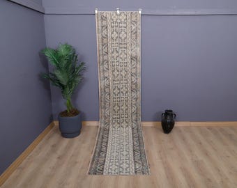 Vintage Turkish Oushak Runner Rug: 2x10 Wool Cotton Anatolian Rug