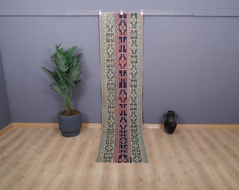 Vintage Turkish Runner Rug: 2x10 Oushak Anatolian Rug