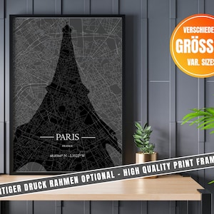 Affiche élégante du plan de la ville de Paris avec la silhouette de la Tour Eiffel - le cadeau parfait pour les fans de France et un point fort pour chaque maison