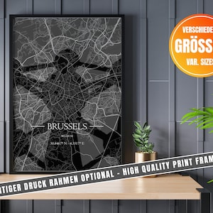 Plan de la ville de Bruxelles comme affiche de coordonnées avec silhouette Atomium - art mural minimaliste, cadeau parfait en Belgique, avec cadre disponible