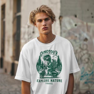 Dinosaur Traveling On Moped T-shirt, &quot;Dino-tour&quot; Unisex Tee, Funny Dinosaur Travel Shirt, Moped Tee, Dinosaur Lover Gift