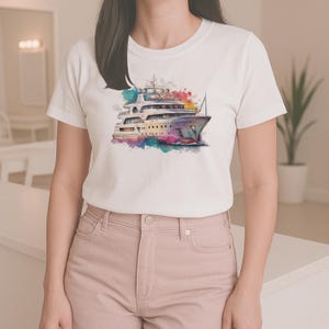Watercolor Yacht Tee, Cruise Ship T-Shirt, Boat Lover Gift, Ocean Theme Graphic Top, Unisex Cotton Shirt, Summer Beach Apparel