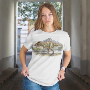 Tyrannosaurus Rex Near Lake Tee, T-rex Dinosaur Lover T-shirt, Prehistoric Fossil Dinosaur Gift, Dinosaur Scenery Tee