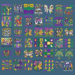 May include: A collection of 36 colorful Mardi Gras themed designs featuring various graphics, text, and patterns. The designs include bows, crowns, fleur-de-lis, and text such as "Mardi Gras", "Happy Mardi Gras", and "Let's Get Cray".