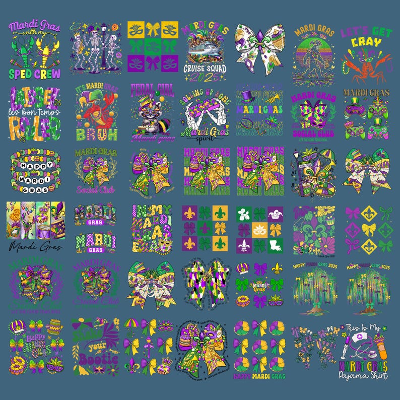 May include: A collection of 36 colorful Mardi Gras themed designs featuring various graphics, text, and patterns. The designs include bows, crowns, fleur-de-lis, and text such as "Mardi Gras", "Happy Mardi Gras", and "Let's Get Cray".