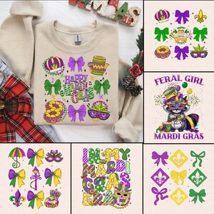 May include: A set of four digital designs featuring Mardi Gras themed graphics. The designs include a purple, green, and gold color scheme with various Mardi Gras symbols such as crowns, masks, and beads. The text "Happy Mardi Gras" is featured in one of the designs. The designs are perfect for creating t-shirts, mugs, tote bags, and other merchandise.