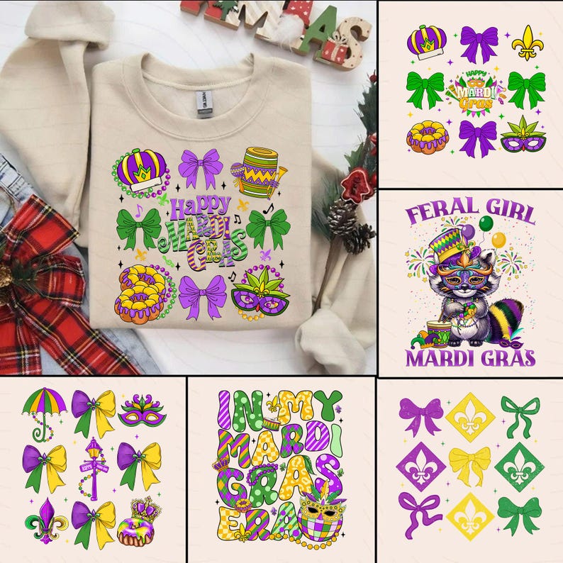 May include: A set of four digital designs featuring Mardi Gras themed graphics. The designs include a purple, green, and gold color scheme with various Mardi Gras symbols such as crowns, masks, and beads. The text "Happy Mardi Gras" is featured in one of the designs. The designs are perfect for creating t-shirts, mugs, tote bags, and other merchandise.