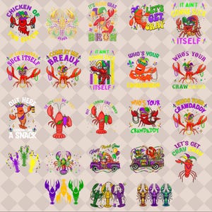 May include: A digital collage of 20 colorful illustrations featuring crawfish, Mardi Gras themed text, and festive decorations. The crawfish are depicted in various poses, including holding drinks, wearing hats, and driving a truck. The text includes phrases like "Let's Get Cray Cray", "Who's Your Crawdaddy", and "It Ain't Gonna Suck Itself".