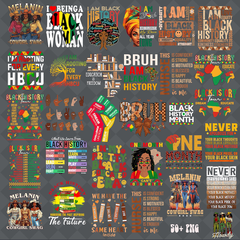 May include: A digital collage of colorful graphic designs featuring text related to Black History Month. The designs include phrases like "I am Black History", "Black History Month", "Melanin", "Cowgirl Swag", and "Black Woman".