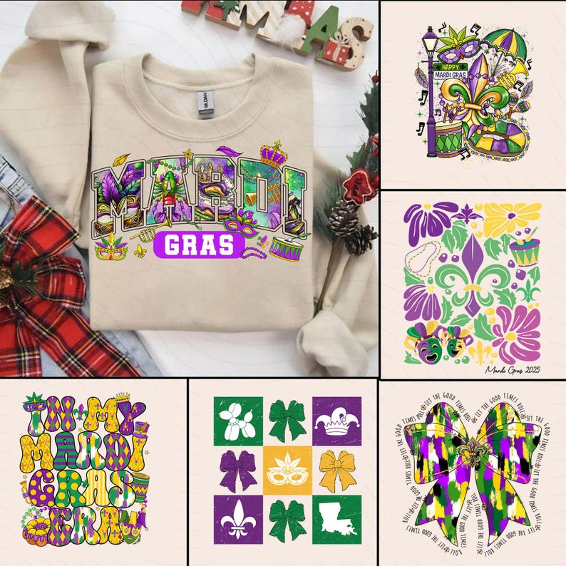 May include: A collection of Mardi Gras themed designs featuring purple, green, and gold colors. The designs include a fleur-de-lis, masks, beads, and the words "Mardi Gras".