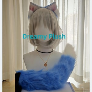 White-Blue(more color) Fox Ears and Tail Set,Furry Kemonimimi Ears&Tail,Cosplay Accessories,Plush Cat Ears and Tail,AnImal Cosplay Ears 0106