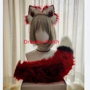 Red-White Fox Ears and Tail Set,Furry Kemonimimi Ears&Tail,Plush Wolf Ears and Tail,Cosplay Accessories,AnImal Cosplay Ears 0127