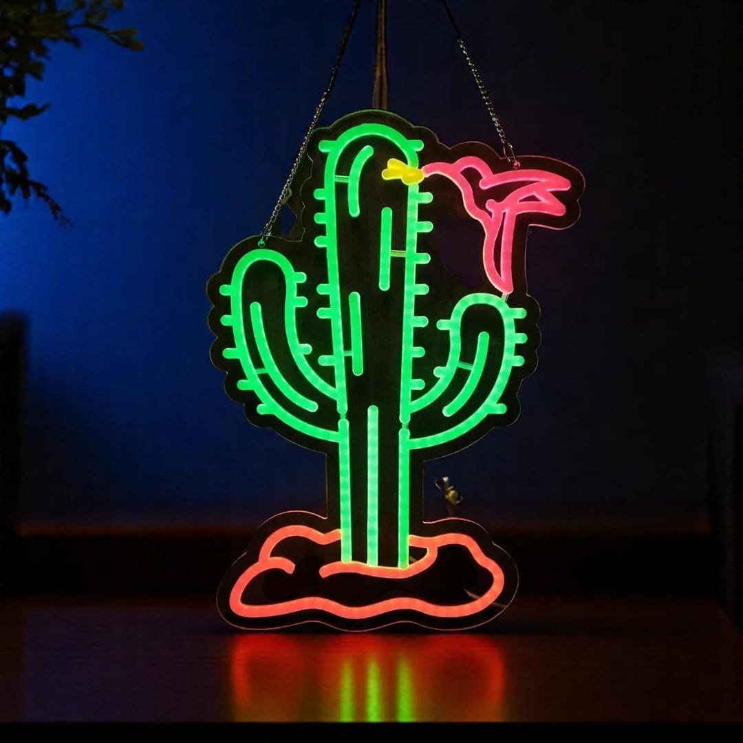Cactus and Hummingbird Neon Sign – LED Lighting With Wall Hanging ...