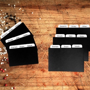 Black Recipe Card Dividers 4x6 or 3x5 - for Recipe Boxes/Cards - Standard Font