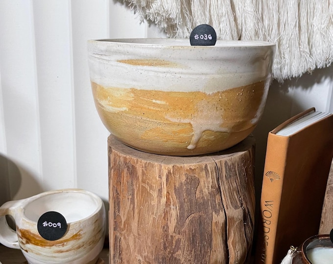 Artisan large ceramic bowl - tan & white