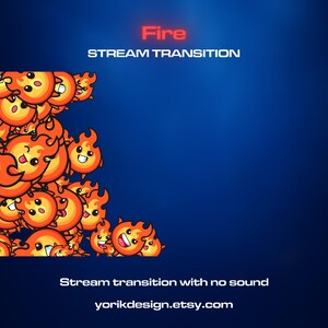 Op de afbeelding: Een digitale afbeelding met een blauwe gradiënt achtergrond en cartoonvlammen. Het woord "Fire" is rood en "Stream Transition" is wit. De tekst "Stream transition with no sound" en een websiteadres zijn ook aanwezig.