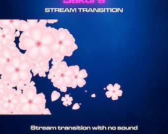 May include: Digital graphic with a dark blue gradient background. Pink cherry blossom flowers are clustered on the left side and scattered across the image. Text reads "Sakura STREAM TRANSITION" and "Stream transition with no sound". The Etsy shop URL is also included.