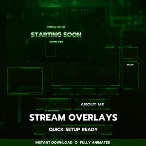 Puede incluir: Gráfico digital con fondo verde oscuro y acentos verde neón. El texto "STARTING SOON" se muestra de forma destacada, junto con "STREAM OVERLAYS" y "QUICK SETUP READY". Elementos adicionales incluyen secciones de chat y "About Me".