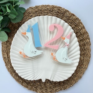 May include: A cake topper set featuring the number one in light blue and the number two in light pink, each accompanied by a white goose illustration. The left goose wears a blue party hat, and the right goose wears a pink hat and bow.